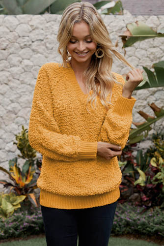 Yellow Ribbed V Neckline Popcorn Knit Sweater