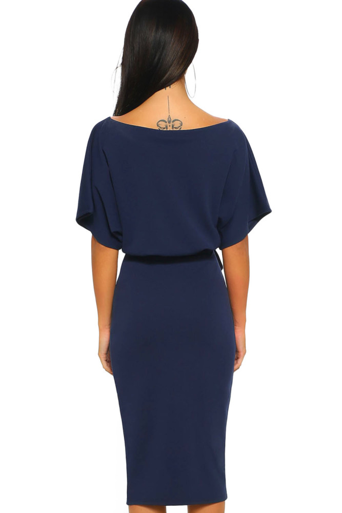 Blue Belted Wrap Front Midi Dress