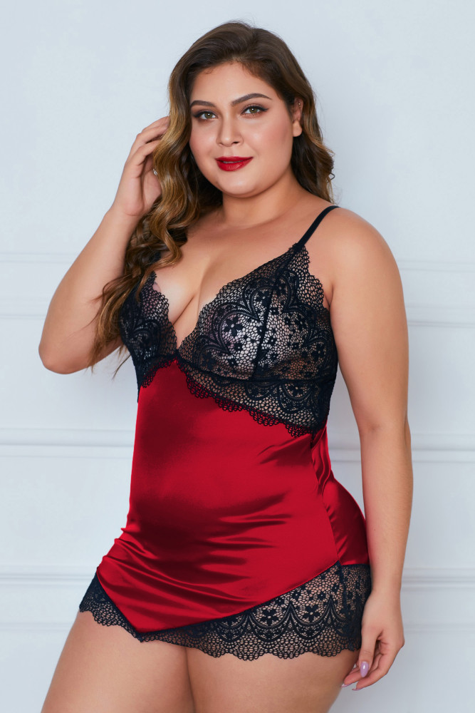 Red Lace Cups Silky Satin Plus Size Chemise