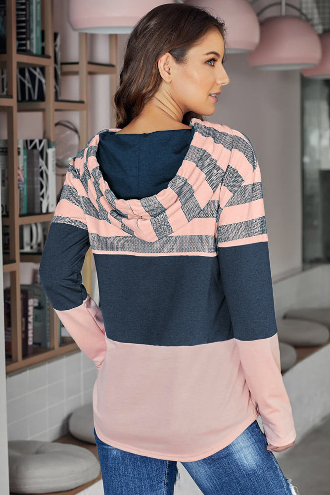 Pink Speak to Me Color Block Drawstring Hoodie