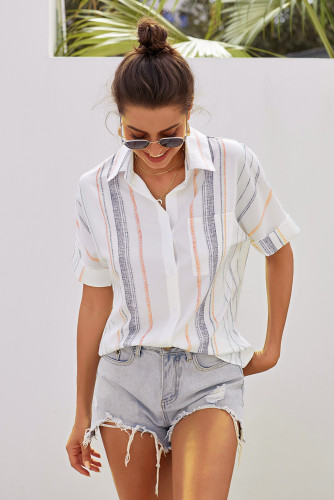 Orange V Neck Stripes Roll up Sleeve Button Down Shirt