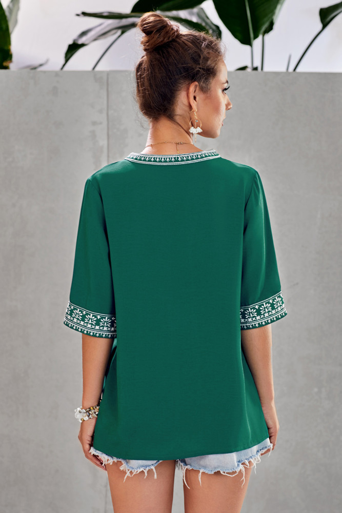 Green Chic Boho V Neckline Half Sleeve Blouse