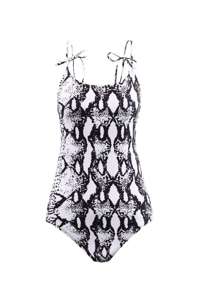 Snake Print High Cut Tie Shoulder Straps One Piece Swimsuit