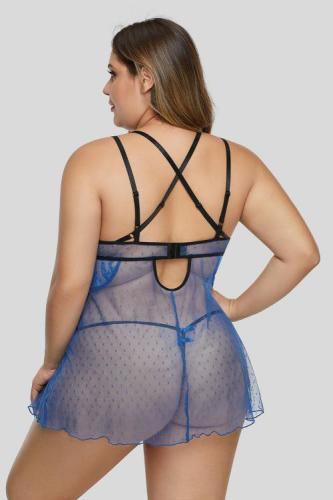 Blue Satin Dotted Mesh Plus Size Lingerie