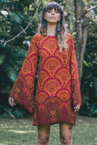 Orange Starlight Bell Sleeve Shift Print Dress