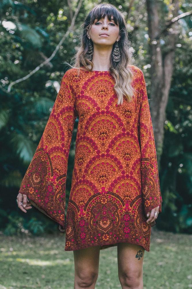 Orange Starlight Bell Sleeve Shift Print Dress