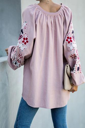 Pink Relaxing Fit Embroidered Peasant Top