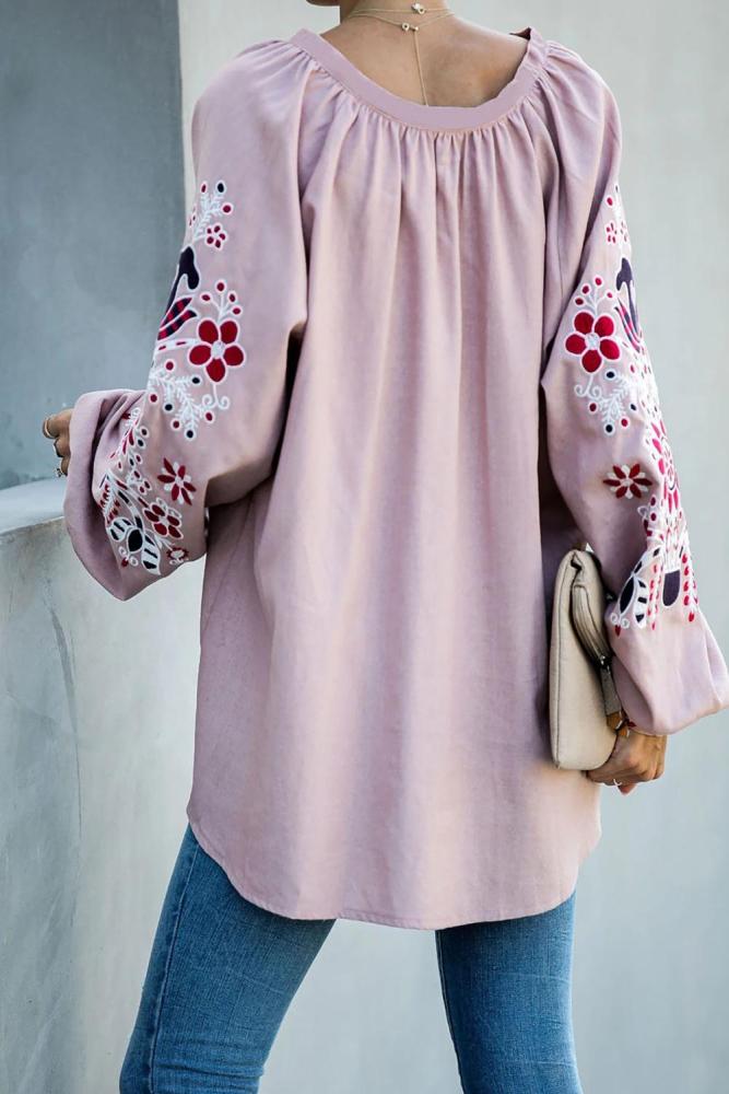 Pink Relaxing Fit Embroidered Peasant Top