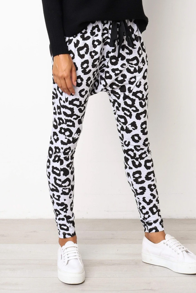 White Leopard Print Drop Crotch Casual Pants