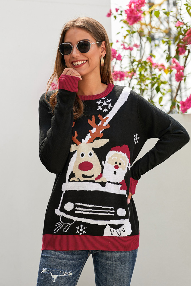 Black Reindeer Santa Clause Cartoon Print Ugly Christmas Sweater