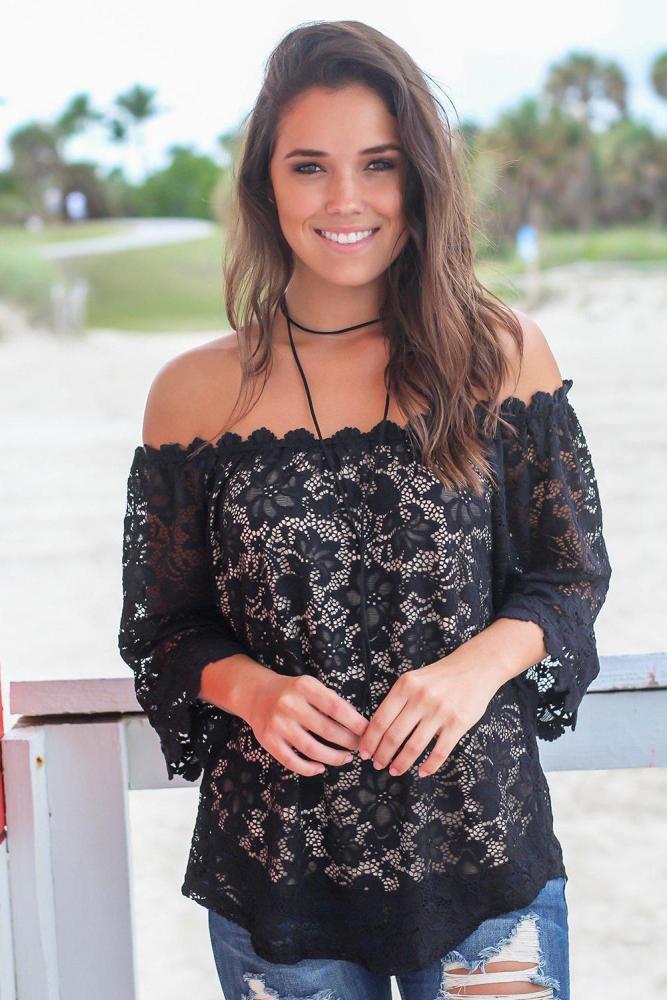 Black Lace Off Shoulder Blouse Top