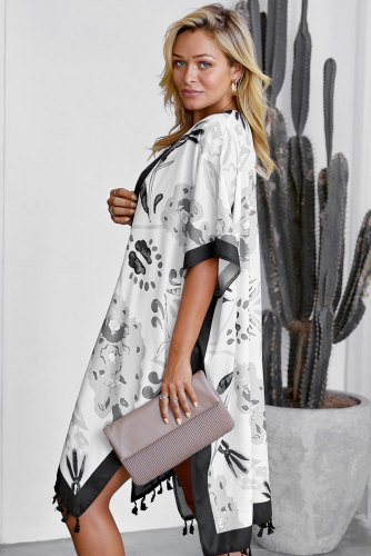 Black Bohemian Print Open Front Loose Kimono Beach Cover up