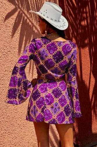 Purple Retro Bell Sleeve Front Knot 2 Pcs Dress