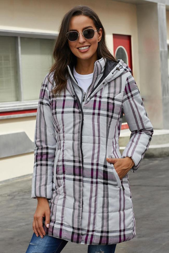 Gray Vintage Plaid Cotton Quilted Trench Coat
