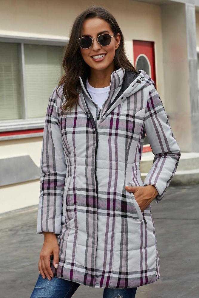 Gray Vintage Plaid Cotton Quilted Trench Coat