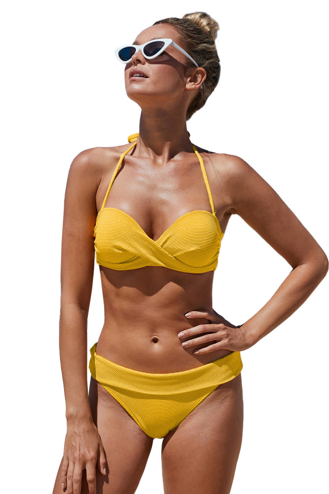 Yellow Halter Twist Waffle Bikini