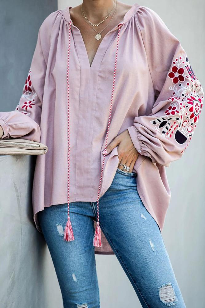 Pink Relaxing Fit Embroidered Peasant Top