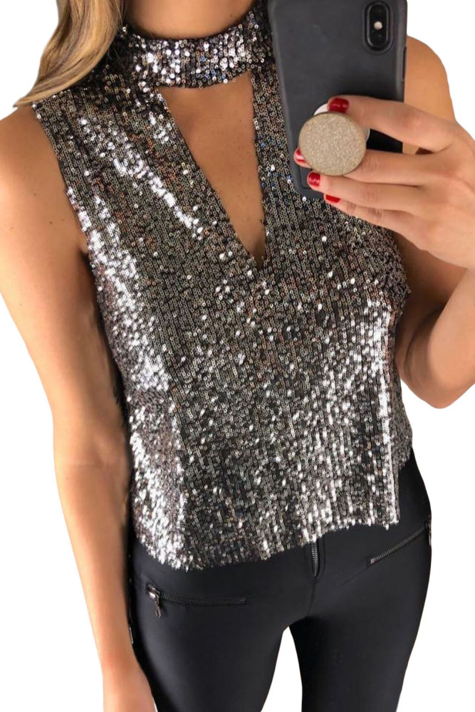 Deep V Cut Hollow-out Choker Neck Sequin Vest