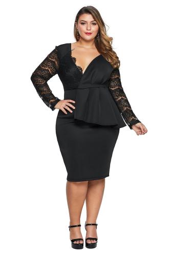 Black Lace Stitching Surpliced V Neck Plus Size Dress