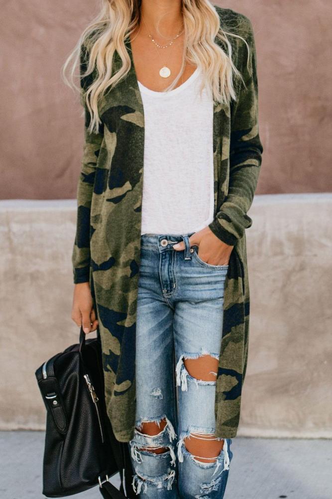 Green Camo Print Long Cardigan