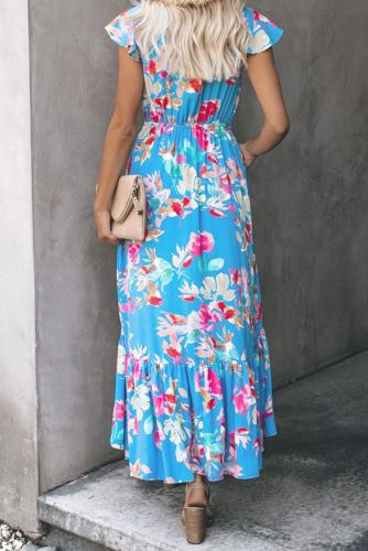 Sky Blue Floral High Low Pocketed Tie Maxi Dress