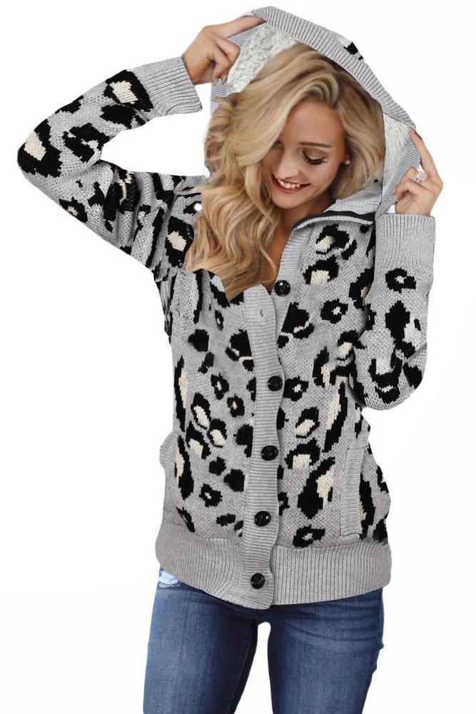 Gray Long Sleeve Button-up Hooded Leopard Print Cardigan