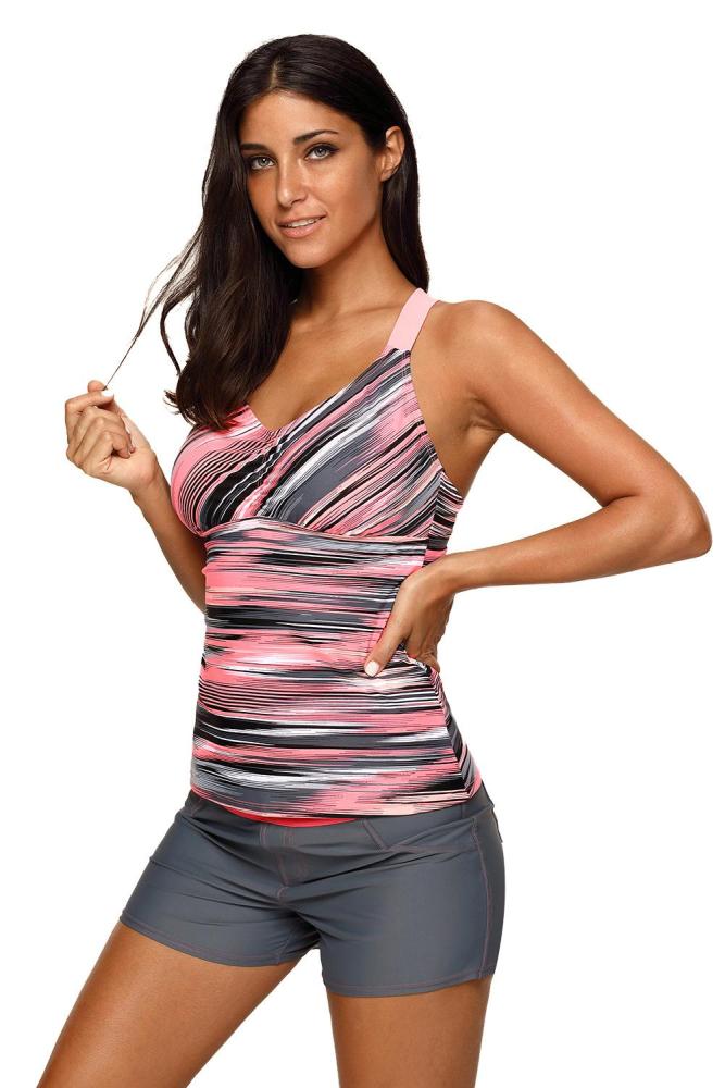 Padded Wide Strap Printed Tankini Swimsuit
