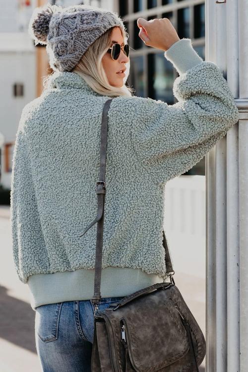 Green Cool For The Winter Pocketed Teddy Jacket