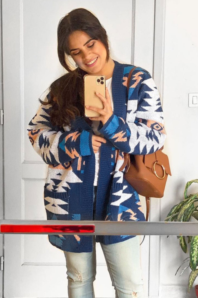 Blue Moraga Pocketed Aztec Cardigan