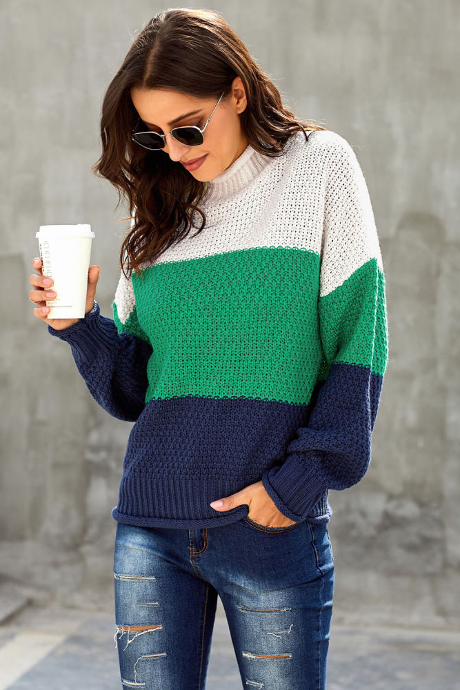Blue Oversized Chunky Batwing Long Sleeve Turtleneck Sweater