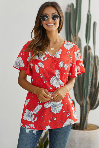 Red Floral Printed Twist Blouse