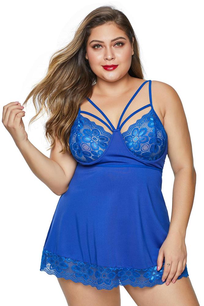 Blue Strappy Lace Insert Plus Size Babydoll Lingerie