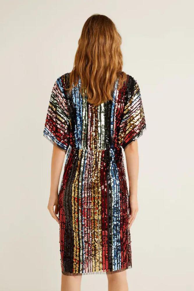 Multicolor Sequin Deep V Neck Tunic Dress