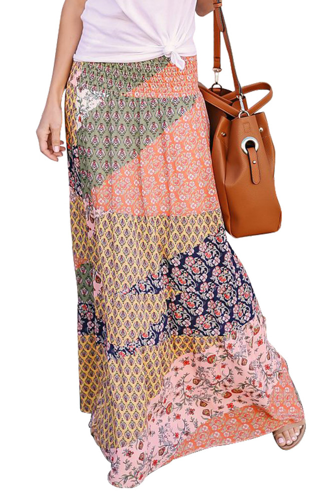 Orange Boho Print Tie-Up Waist Long Maxi Skirt