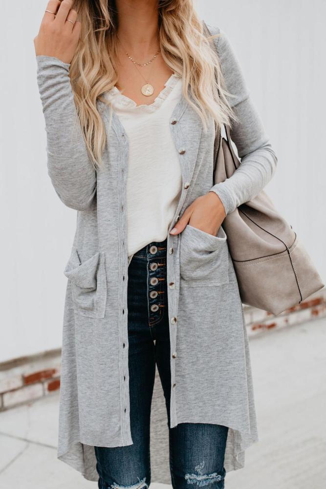 Light Gray Selected Button Down Pocketed High Low Cardigan