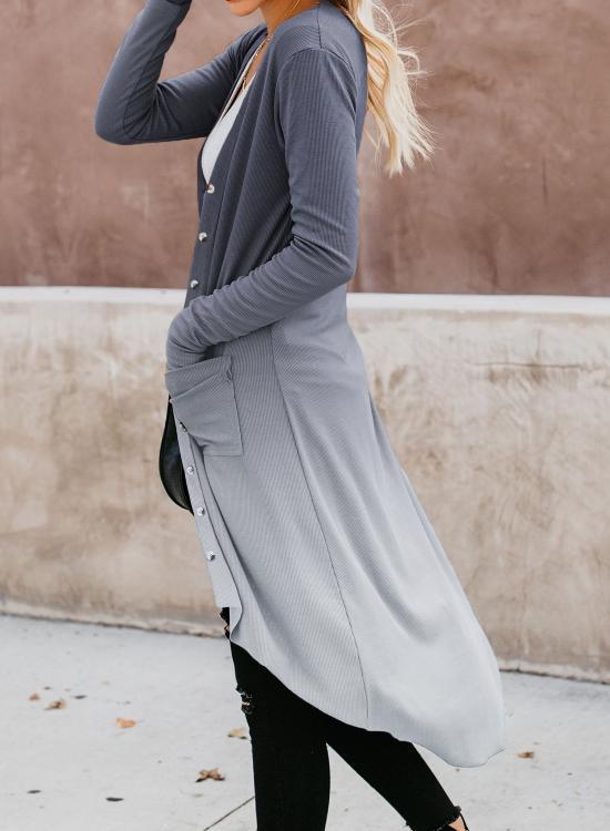 Gray Ombre Button Down Pocketed High Low Cardigan
