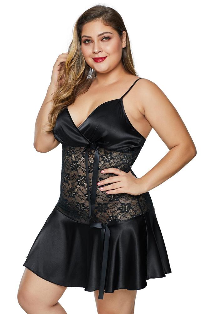 Black Wrapped V Neck Floral Lace Abdomen Plus Size Babydoll