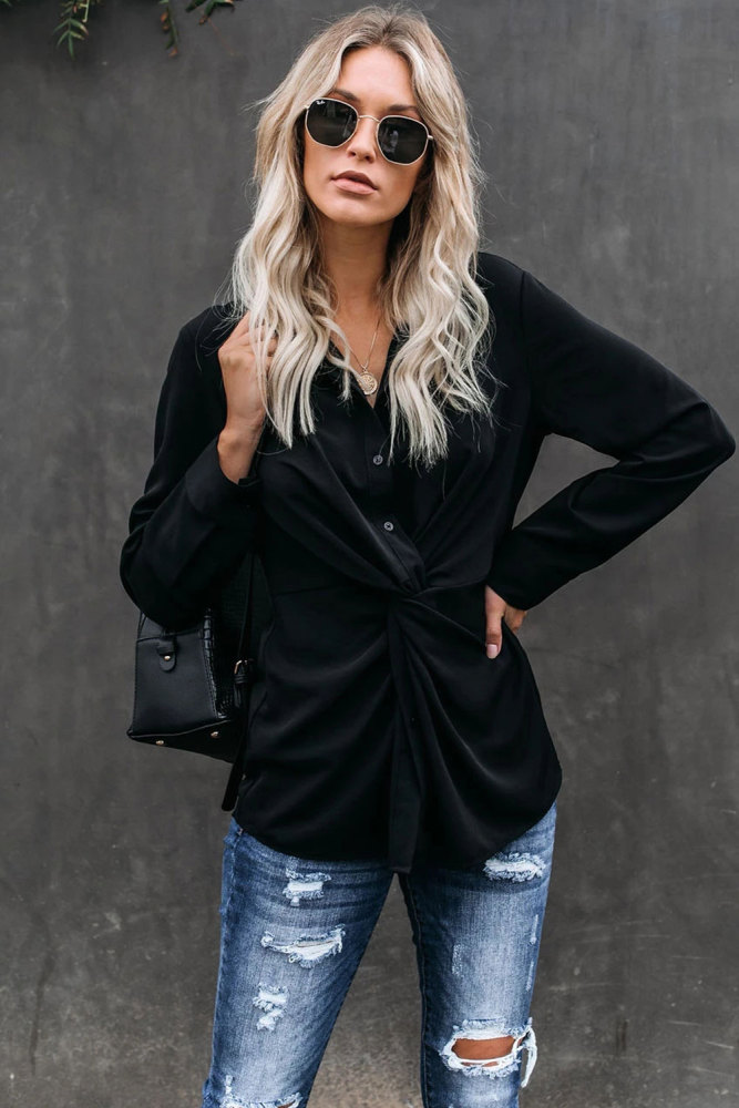 Black Button Down Twist Blouse