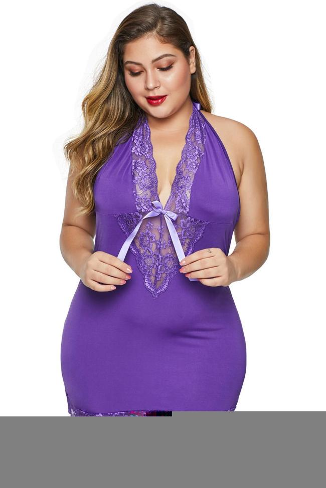 Purple V Neck Halter Open Back Plus Size Chemise