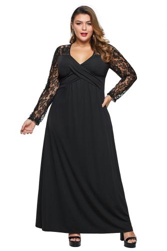 Black Lace Sleeve Cross Wrap Bust Ruched Back Plus Size Dress