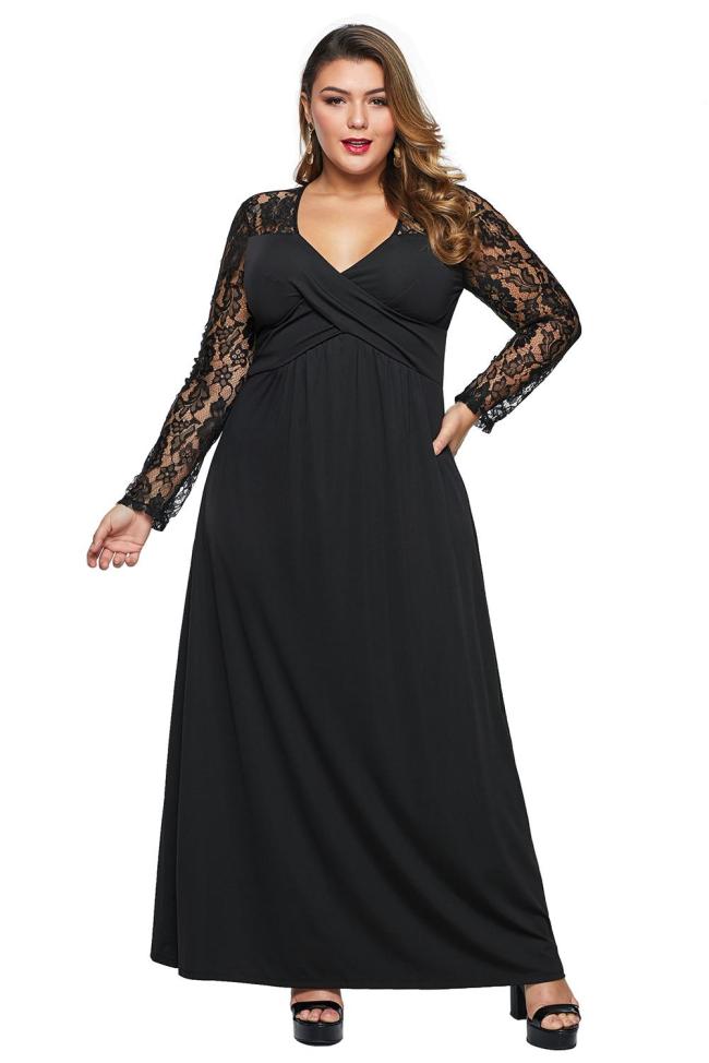 Black Lace Sleeve Cross Wrap Bust Ruched Back Plus Size Dress