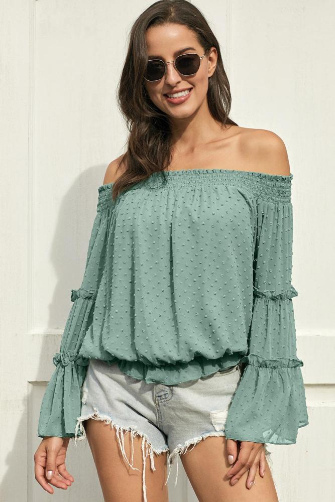 Green Swiss Dot Off The Shoulder Top