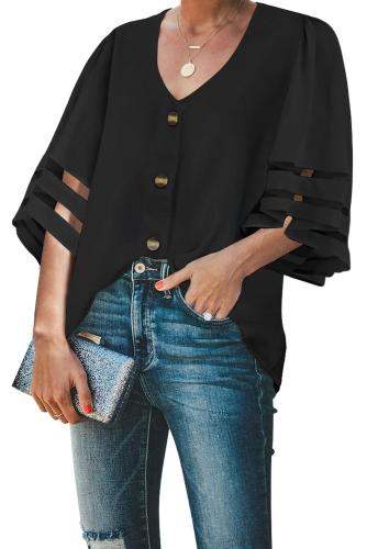 Black Flare Sleeve V Neck Button Down Blouse