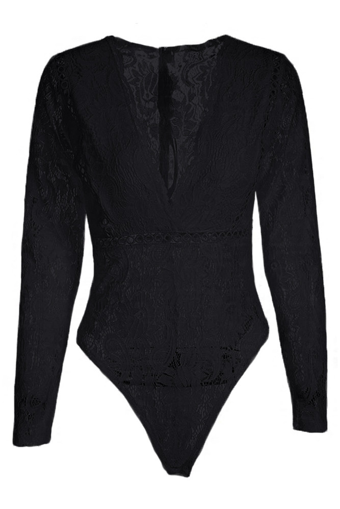 Black Deep V-Neck See Through Skinny Lace Bodysuit