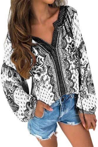 White Floral Print Long Sleeve Mid-Length Blouse