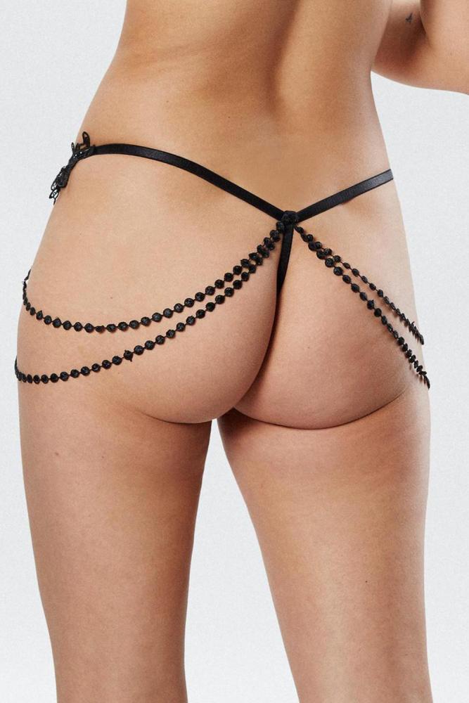 Black Beaded Chains Embroidered Lace Thong