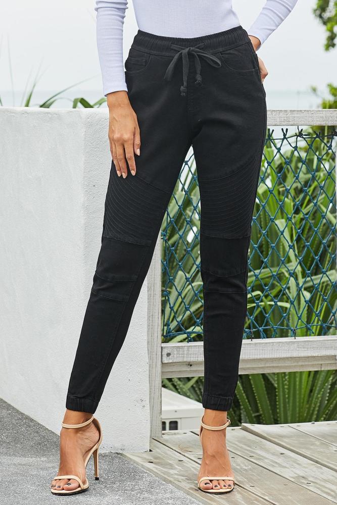 Black Elastic Waistband Drawstring Denim Pants
