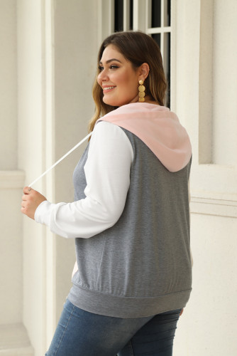 Pink Colorblock Hooded Zip Plus Size Jacket