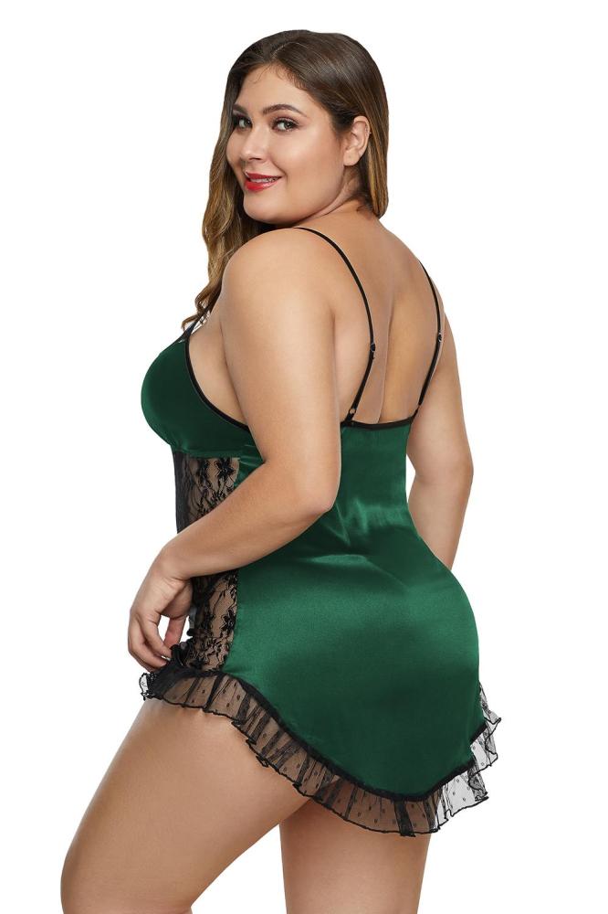 Green Mesh Satin Ruffled Hem Plus Size Lingerie