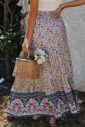 Blue Boho Floral Print Elastic High Waist Pleated A Line Maxi Skirt